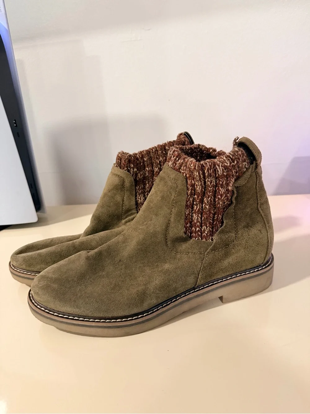 Comfortiva Olive Suede Ankle Bootie with Knit Cuff